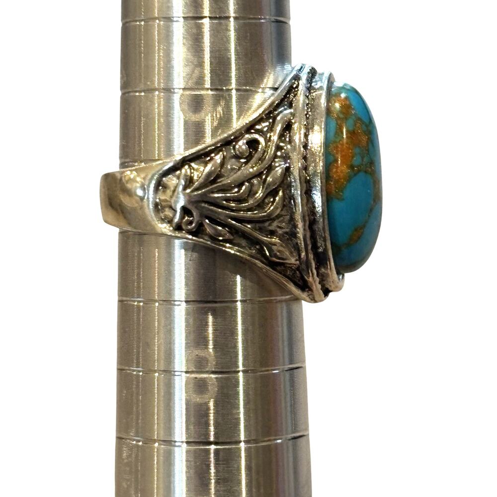 Oval Large Faux Turquoise Bezel Set Statement Ring Ornate Shank Silver Tone 7